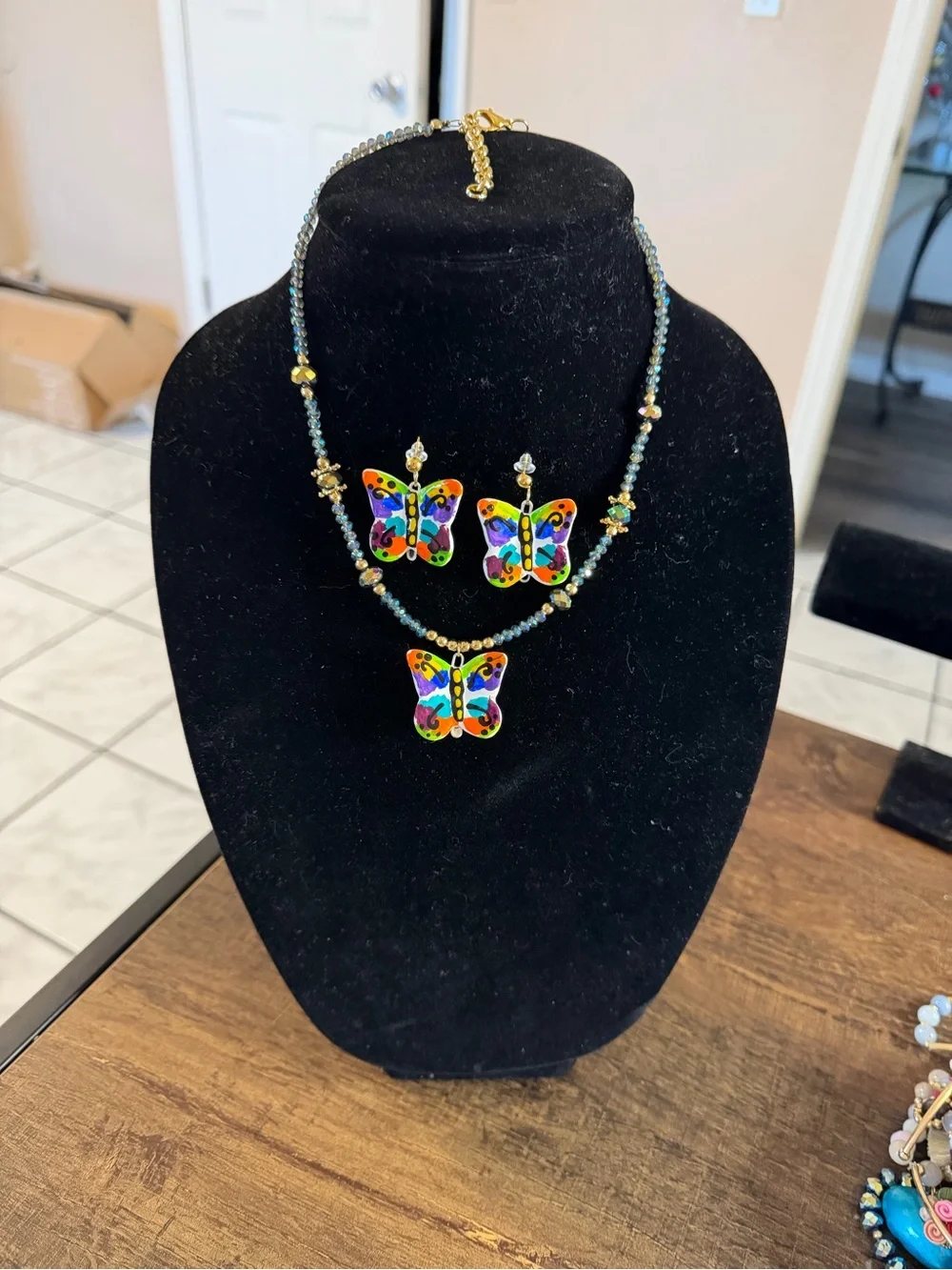 Multicolor Enamel Butterfly Necklace and Earring Set - Women Jewelry